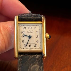 Cartier Gold Rectangular Watch with Black Strap